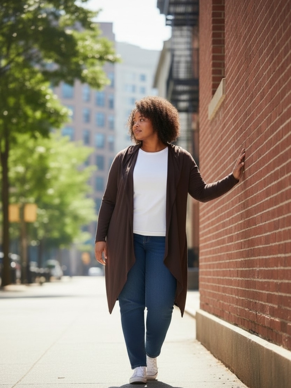 Draped Open-Front Hooded Cardigan in Dark Brown - Picture 2 of 5